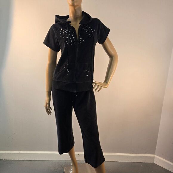 Vishal Black Track Jogging Suit Zip Up Hoodie With Cropped Pants Womens Sz M - Picture 4 of 11